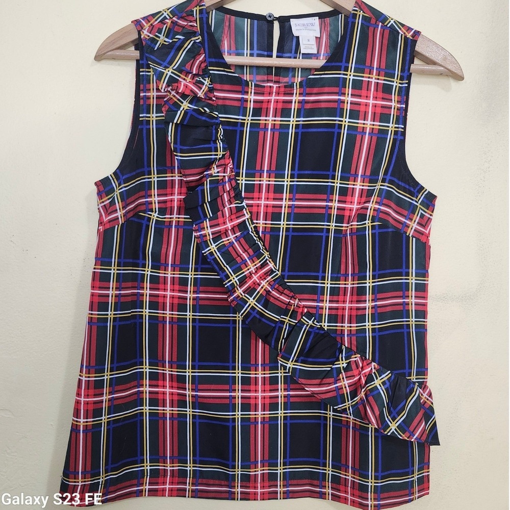 J Crew Tartan Plaid Ruffle Sleeveless Top‎ Shirt Women Size 2 Red Black Blue